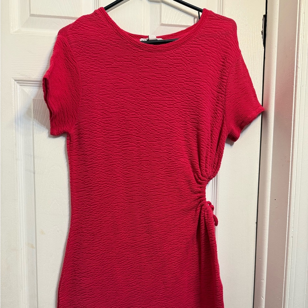 Red Textured Short Sleeve Dress